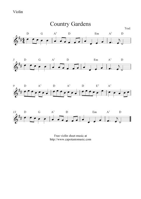 Free violin sheet music, Country Gardens