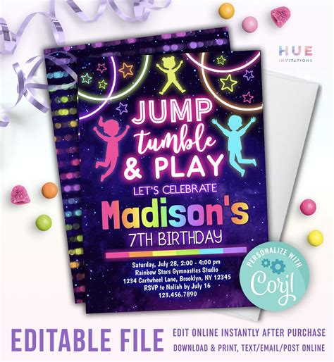 Jump Tumble Play Trampoline Park Birthday Invitation Editable Template Kids Rainbow Bounce ...