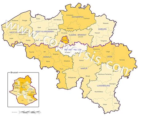 Vector map of the regions, provinces and districts of Belgium