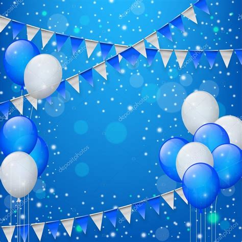 Happy Birthday with balloons, confetti ribbon and triangular flags in blue background Stock ...