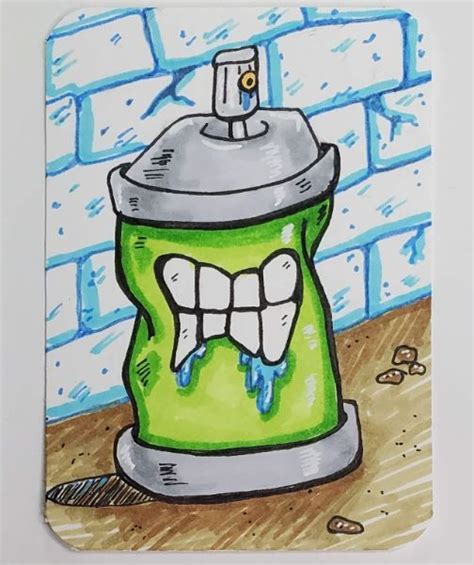 a drawing of a green spray can with teeth on it