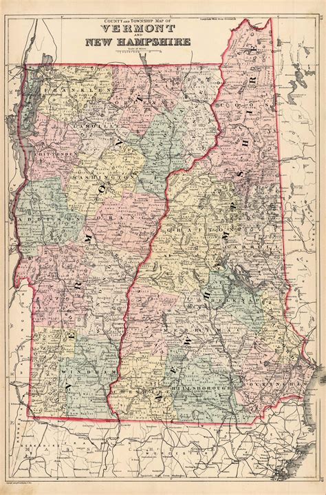 County and Township Map of Vermont and New Hampshire - Art Source ...