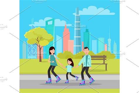 Happy Family Roller Skating City Park Skyscrapers | Park city, Roller skating, Park