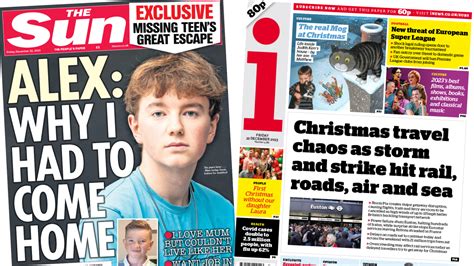 Newspaper headlines: Alex Batty 'exclusive' and 'Christmas travel chaos'