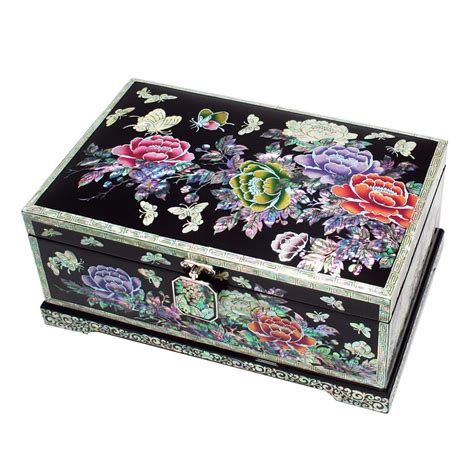 Mother of Pearl Jewelry Wooden Box with Inlaid Peony Design