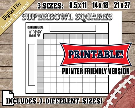 SUPER BOWL Squares Football Pool Game Printable Instant | Etsy