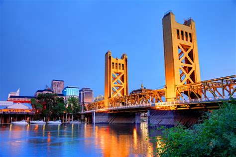 Sacramento Skyline And The Tower Bridge At Night Stock Photo - Download ...