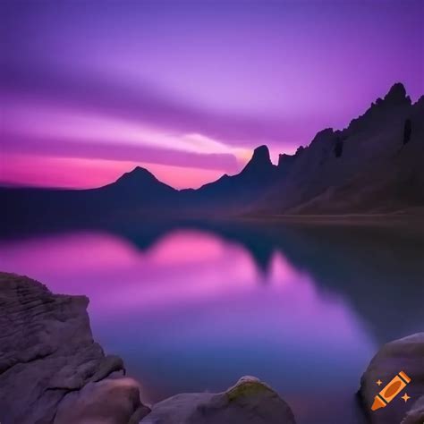 A rocky and barren landscape with a small lake and two suns in the sky, purple light