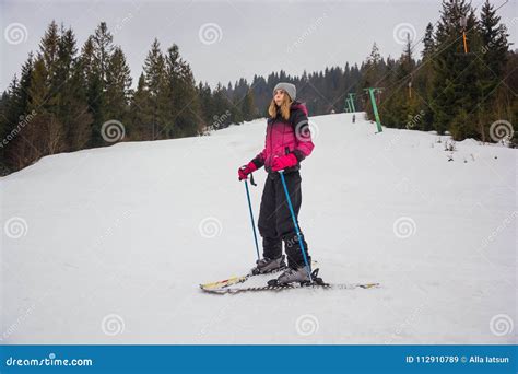 A Young Girl Skiing in the Mountains in Pylypets, in Transcarpathia. Stock Image - Image of ...