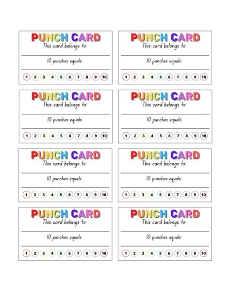 printable punch card with the words punch card in different colors and font on it