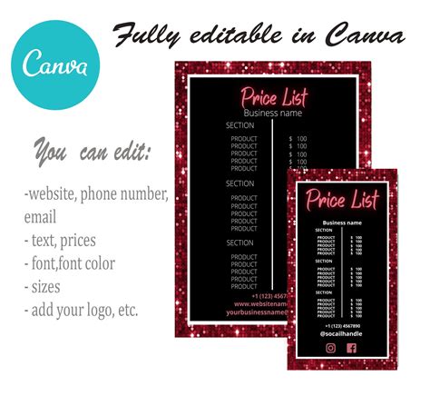 Price List Template Editable in Canva Price List Red Social | Etsy