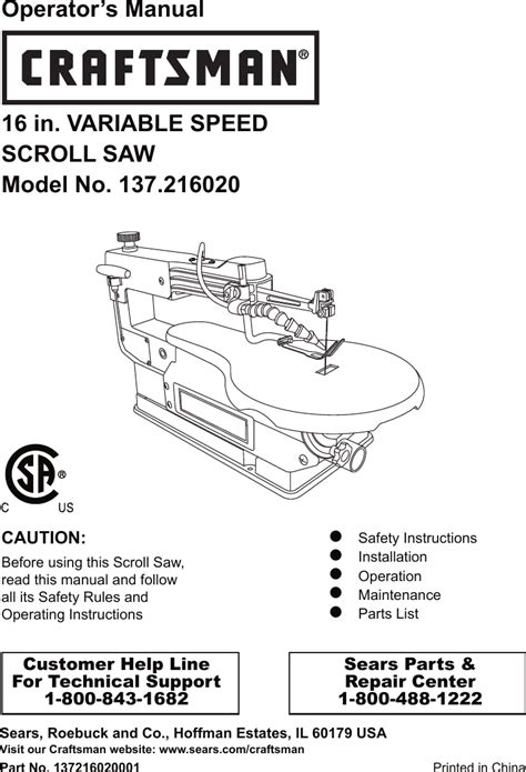 Craftsman 16 Variable Speed Scroll Saw 21602 Owners Manual 216020 SS163VRC 052608 English