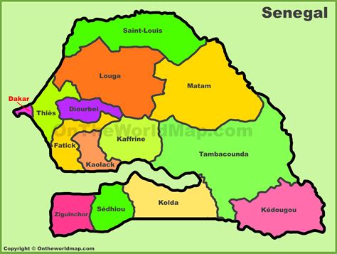 Administrative divisions map of Senegal - Ontheworldmap.com