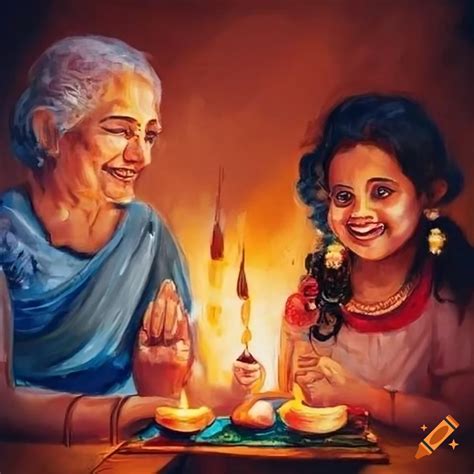 Joyful painting of children and grandparents celebrating diwali