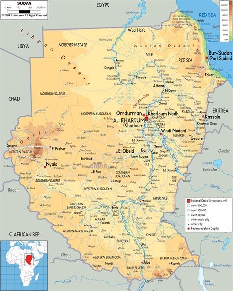 Physical Map of Sudan - Ezilon Maps