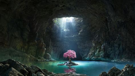 Download wallpaper 1600x900 pink tree, blossom, cave, lake, nature, 16: ...