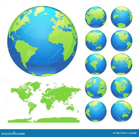 Globes Showing Earth with All Continents. Digital World Globe Vector. Dotted World Map Vector ...