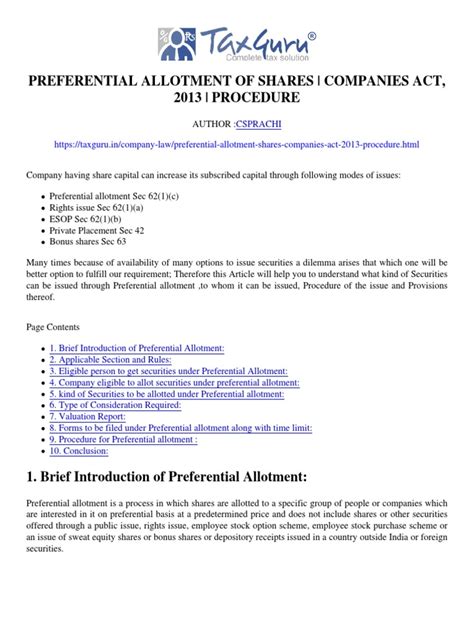 Preferential Allotment of Shares - Companies Act, 2013 - Procedure | PDF | Securities (Finance ...