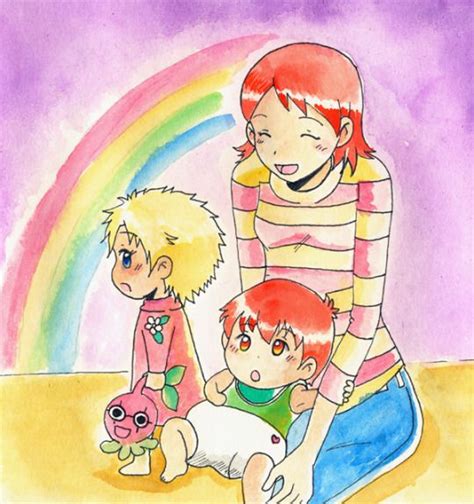 a woman and two children are sitting on the floor with a rainbow in the ...