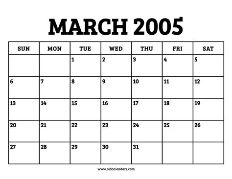 Calendar March 2005 – Printable Old Calendars