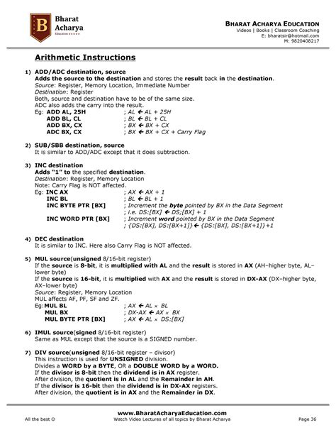 11. Instruction Set Arithmetic Instructions - BHARAT ACHARYA EDUCATION ...