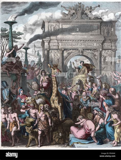 Triumphal procession entering the city of Rome, engraving 1868 Stock ...