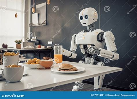 Robot Chef in the Kitchen, Preparing Breakfast with Advanced AI Technology and Modern Design ...