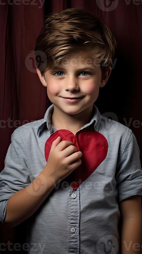 AI generated A young boy with a red paper heart on his hand isolated on ...