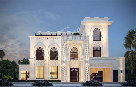 White stone with geometric patterns adorn the modern Islamic villa exterior façade by Comelite ...