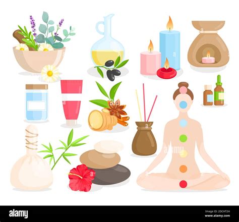 Ayurveda medicine cartoon set, ayurvedic collection with body care items, natural herbs, flowers ...