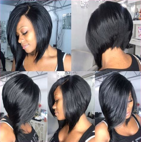 Black Feathered Bob Hairstyle | Thick hair styles, Stacked bob haircut ...