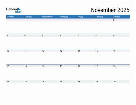 Editable Calendar Template for November 2025