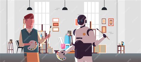 Premium Vector | Robot and human painters holding paintbrush and ...