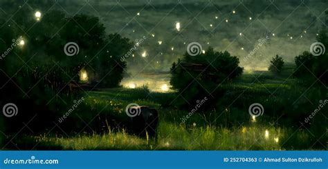 Fireflies in the night stock illustration. Illustration of mist - 252704363