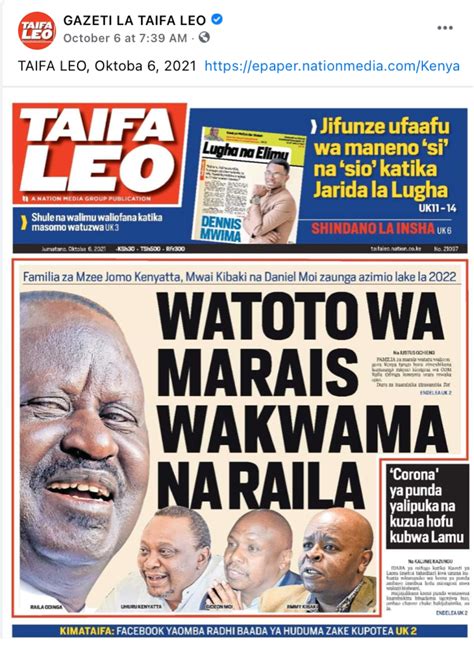 ALTERED: This Taifa Leo newspaper front page dated 6 October 2021 is ...