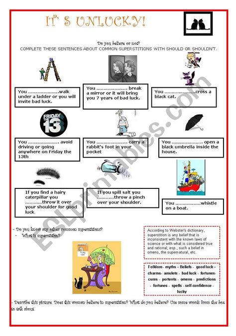 Friday 13th ....SUPERSTITIONS!! - ESL worksheet by pauguzman