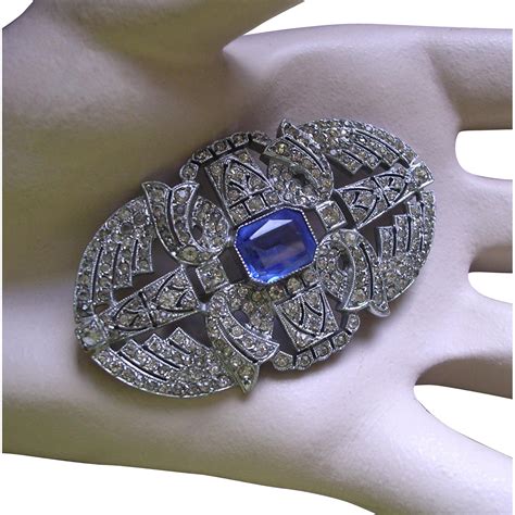 Art Deco Sapphire Rhinestone Brooch from bygonebeauties on Ruby Lane