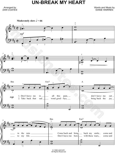 Toni Braxton "Unbreak My Heart" Sheet Music (Easy Piano) in D Major - Download & Print - SKU ...