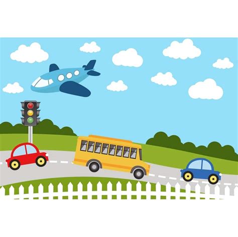 Buy OERJU 6x4ft Baby Shower Photography Background Cartoon Road Bus Cars Traffic Lights Airplane ...