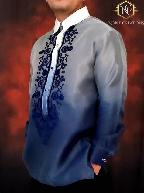 BARONG TAGALOG Navy Blue Embroidered with Inner Lining Filipino National Costume FILIPINIANA ...