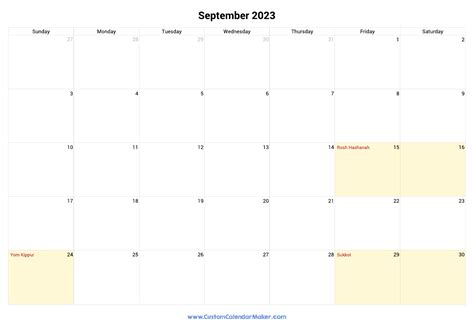 September 2023 Jewish Calendar with Hebrew Holidays