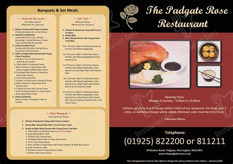 Menu at The Padgate Rose Restaurant, Warrington