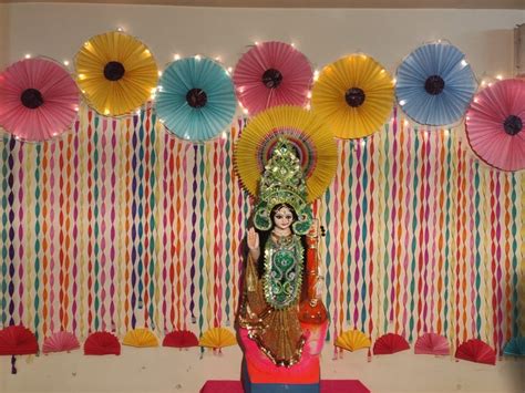 Saraswati Puja Decorations with Paper Flowers