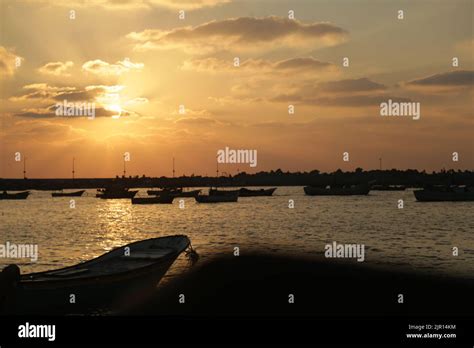 Gaza, Palestine Sunset scene with fishermen's boats from Gaza sea port ...