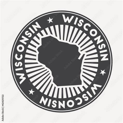 Wisconsin round logo. Vintage travel badge with the circular name and map of us state, vector ...