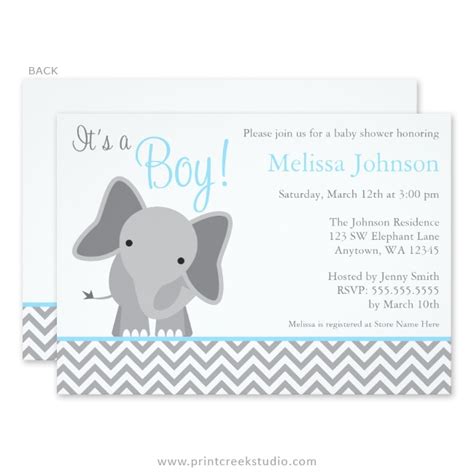 Cute Elephant Chevron Light Blue Baby Shower Invitations - Print Creek Studio Inc