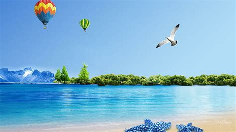 HD wallpaper: Balloon Fun Summer, mountain, trees, spring, beach, birds, ocean | Wallpaper Flare