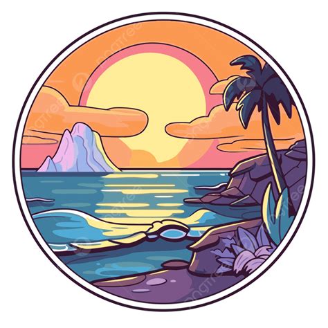 Round Emblem Featuring Palm Trees Vector Clipart, Tropical Beach Sunset ...