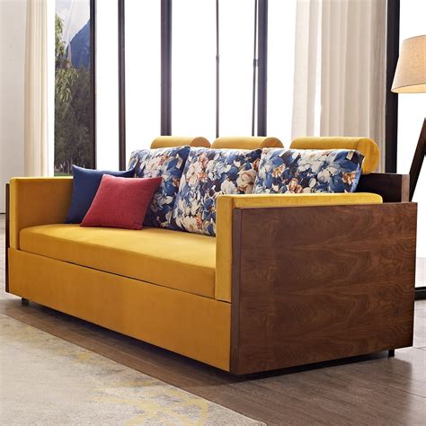 Luxury Modern Folding Wood Bunk Bed Sleeper Sofa Yellow Upholstered Convertible Sofa Bed Pillows ...