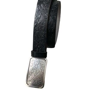 Black Embossed Leather Belt, Full Grain Leather, Interchangeable Snap Belt, Country Western ...